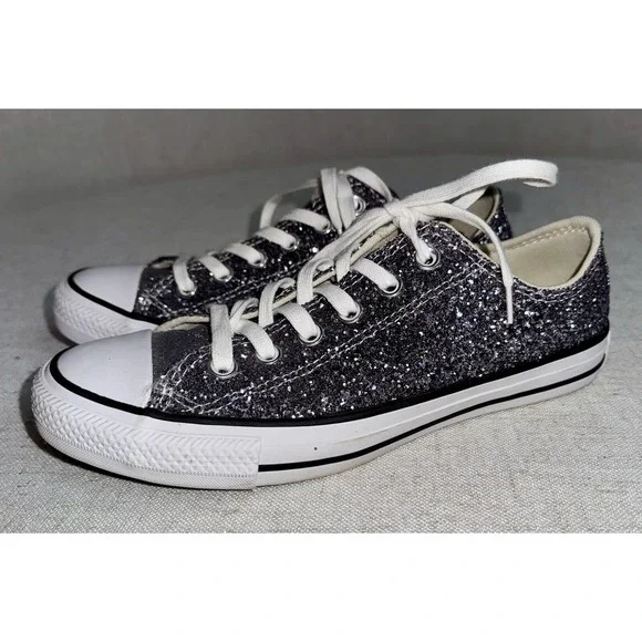 Women's Sz 8.5 Converse Chuck Taylor All Star Silver Glitter Low Shoes Sneakers - Picture 2 of 9